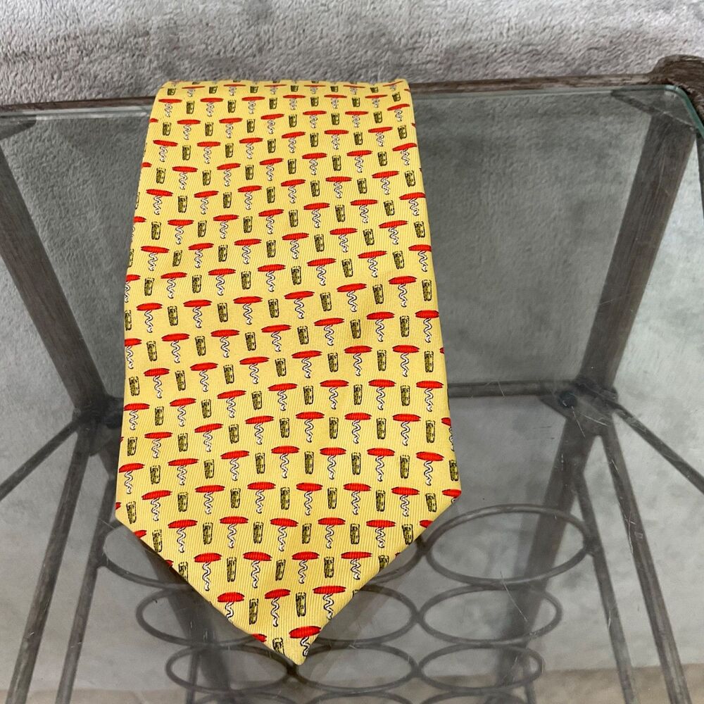 VTG Peter Blair Yellow 100% Silk Novelty Print cork Screws Tie Retro 60"x 3.5"